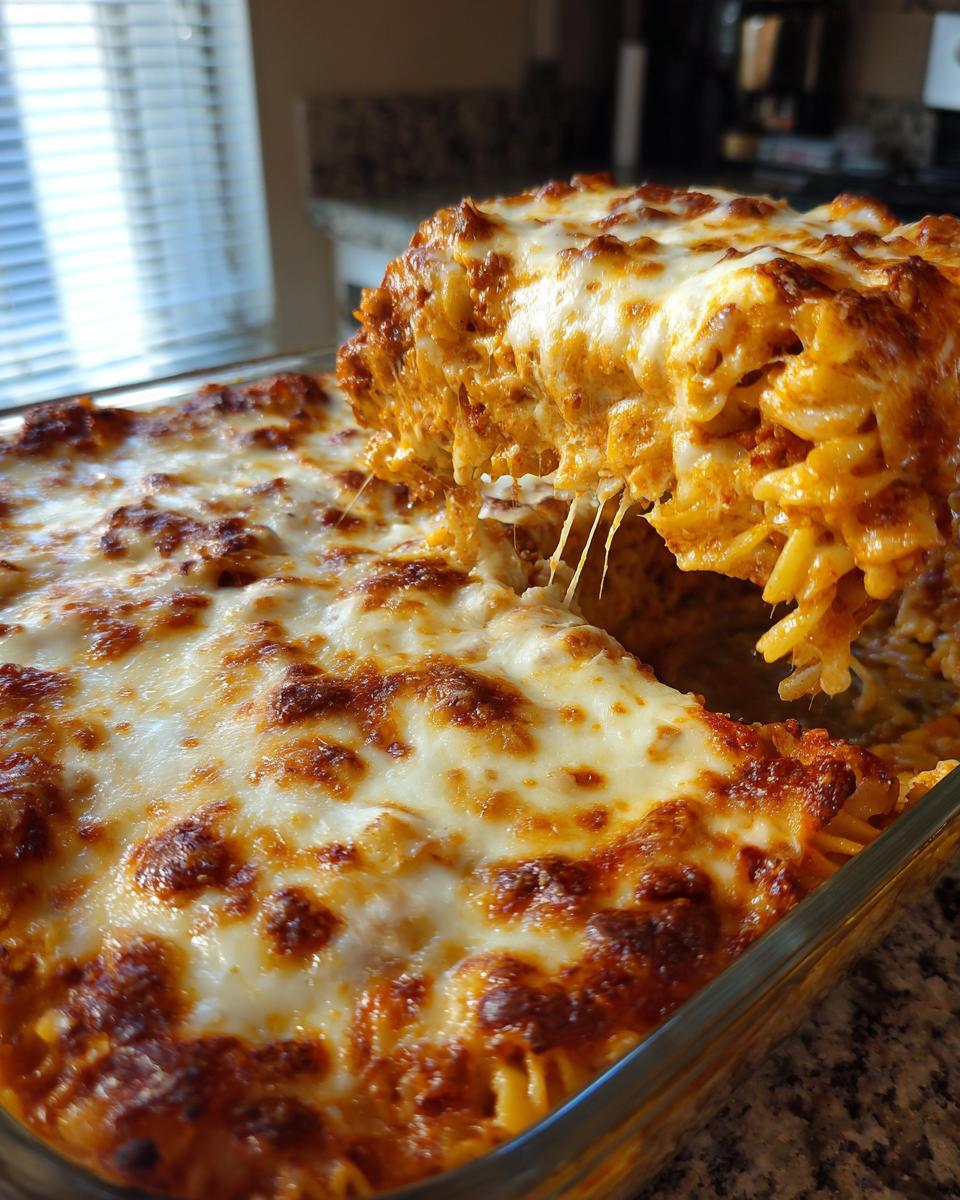 A serving of Nudelauflauf alla mamma is lifted from a baking dish, showing melted cheese and pasta.