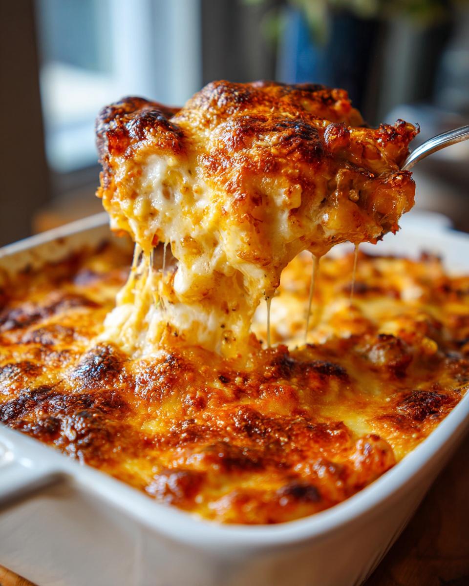 Spoon lifting a portion of cheesy Nudelauflauf alla mamma from a baking dish, showing melted cheese.