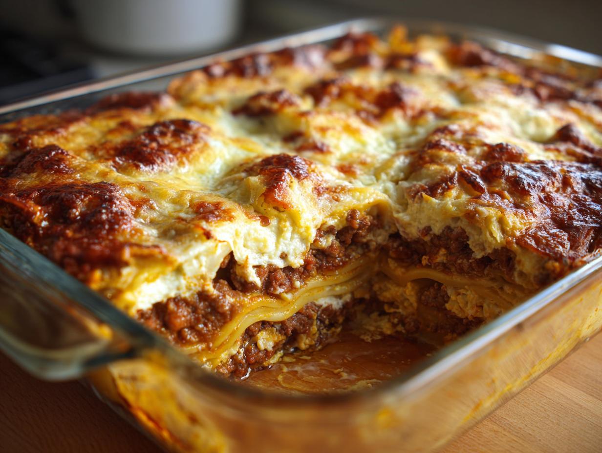 Delicious Nudelauflauf mit Hackfleisch und Kürbis in a glass baking dish, showing layers of pasta, meat, and cheese.