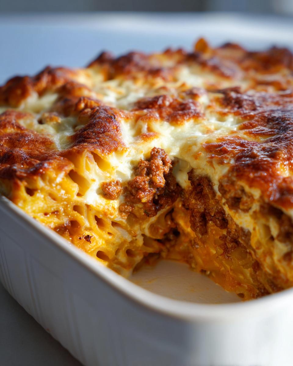 Close-up of Nudelauflauf mit Hackfleisch und Kürbis in a white baking dish, showing layers of pasta, meat, and cheese.