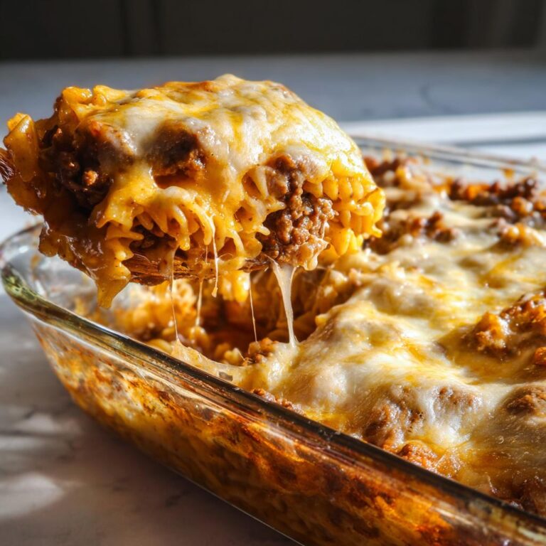 Close-up of a serving of Nudelauflauf mit Hackfleisch und Kürbis with melted cheese being lifted from the baking dish.