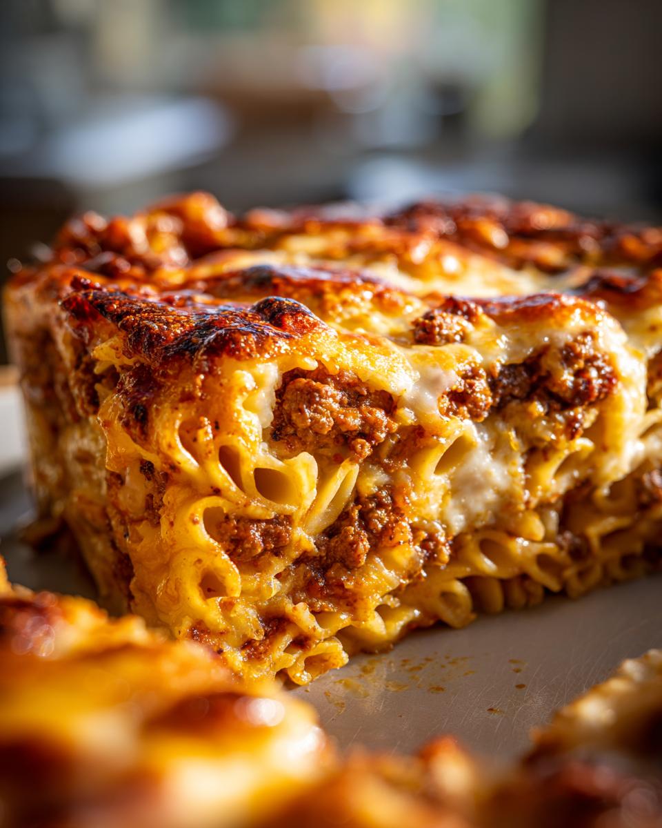 Close-up of Nudelauflauf mit Hackfleisch und Kürbis, showing layers of pasta, meat sauce, and cheese.