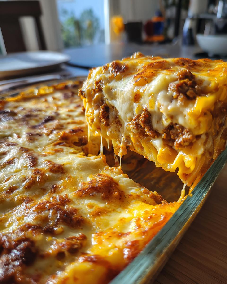 Close-up of a slice of Nudelauflauf mit Hackfleisch und Kürbis being lifted from a glass baking dish.