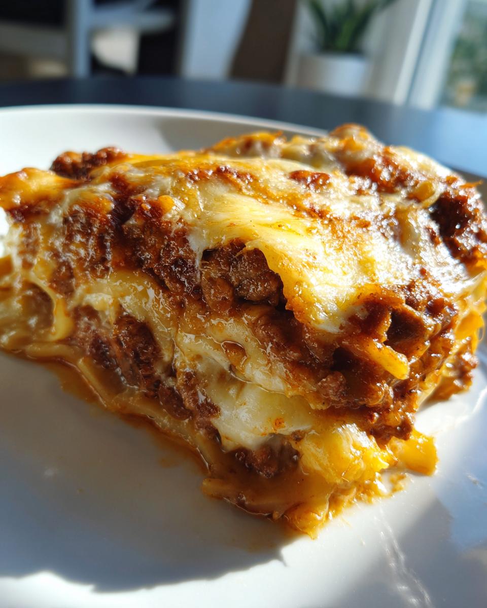 A slice of Nudelauflauf mit Hackfleisch und Kürbis, showing layers of pasta, meat sauce, cheese, and pumpkin.