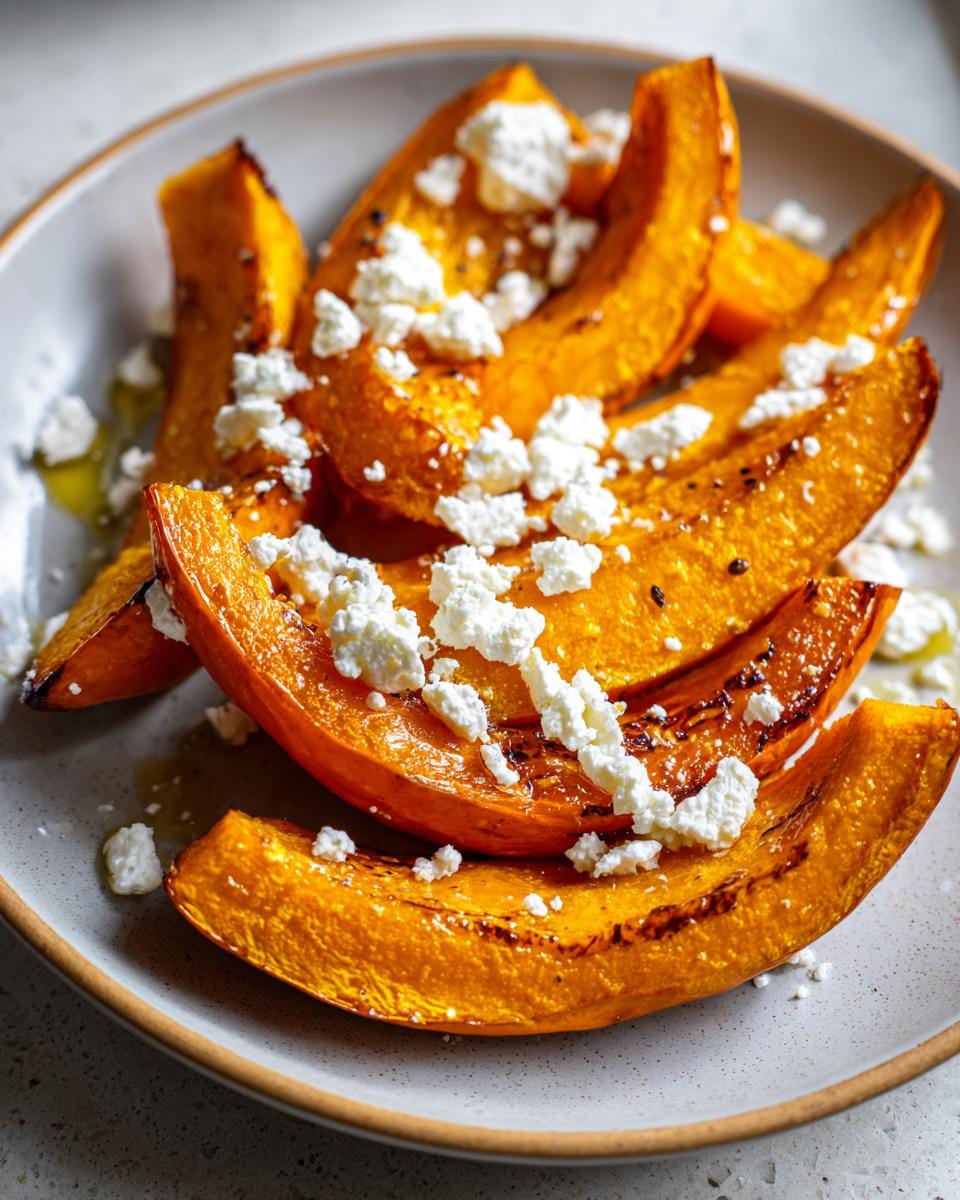 Close-up of Ofenkürbis mit Feta, showing baked Hokkaido pumpkin slices topped with crumbled feta cheese.