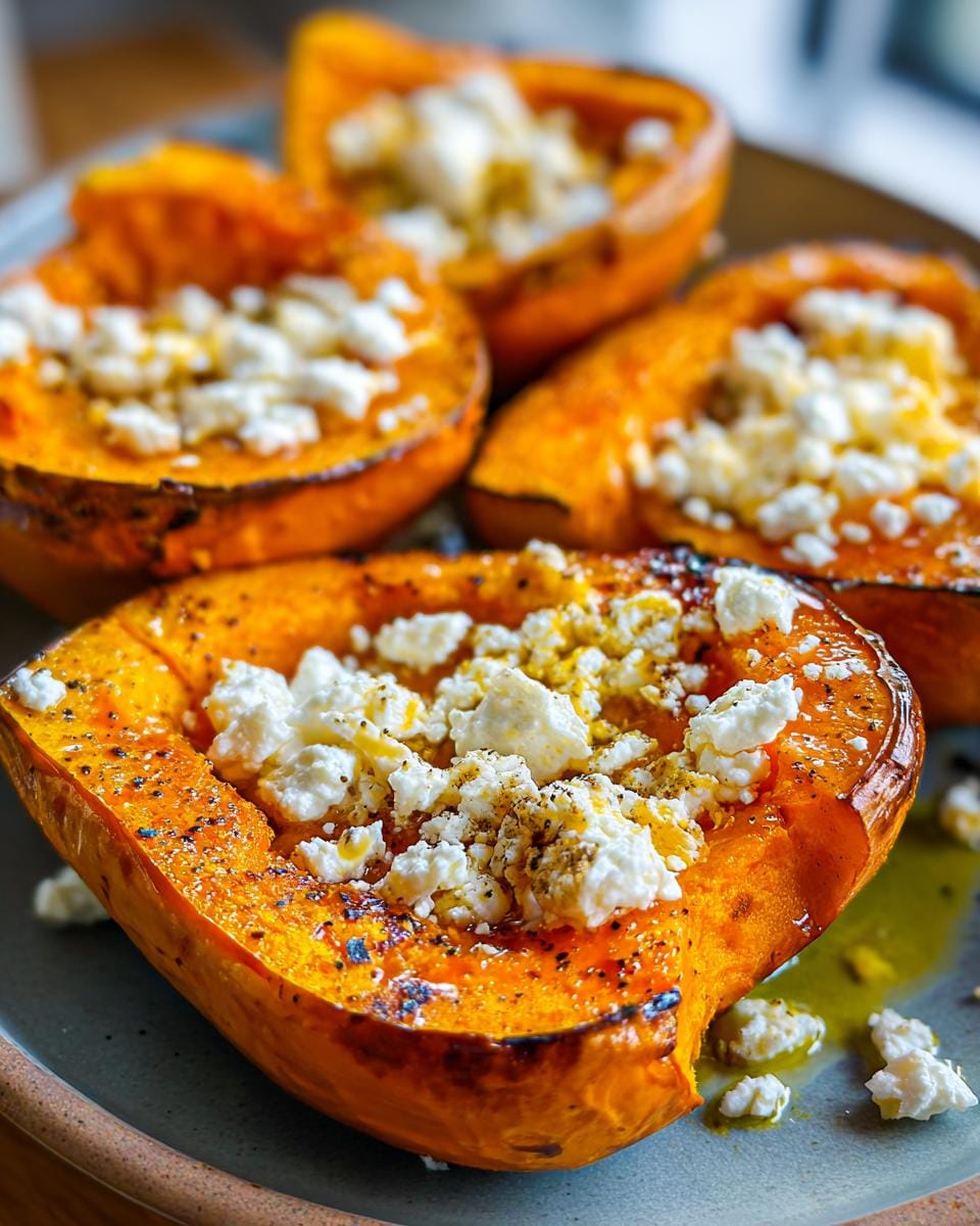 Close-up of Ofenkürbis mit Feta, showing baked Hokkaido pumpkin halves topped with feta cheese and spices.