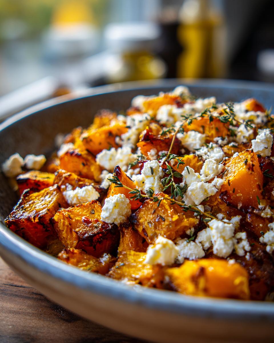 Close-up of roasted Ofenkürbis mit Feta in a bowl, garnished with fresh thyme.