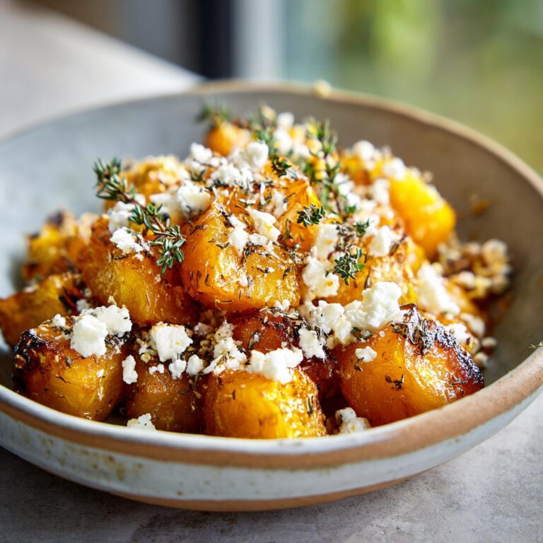Close-up of Ofenkürbis mit Feta in a bowl, garnished with fresh thyme. Roasted pumpkin and feta cheese.