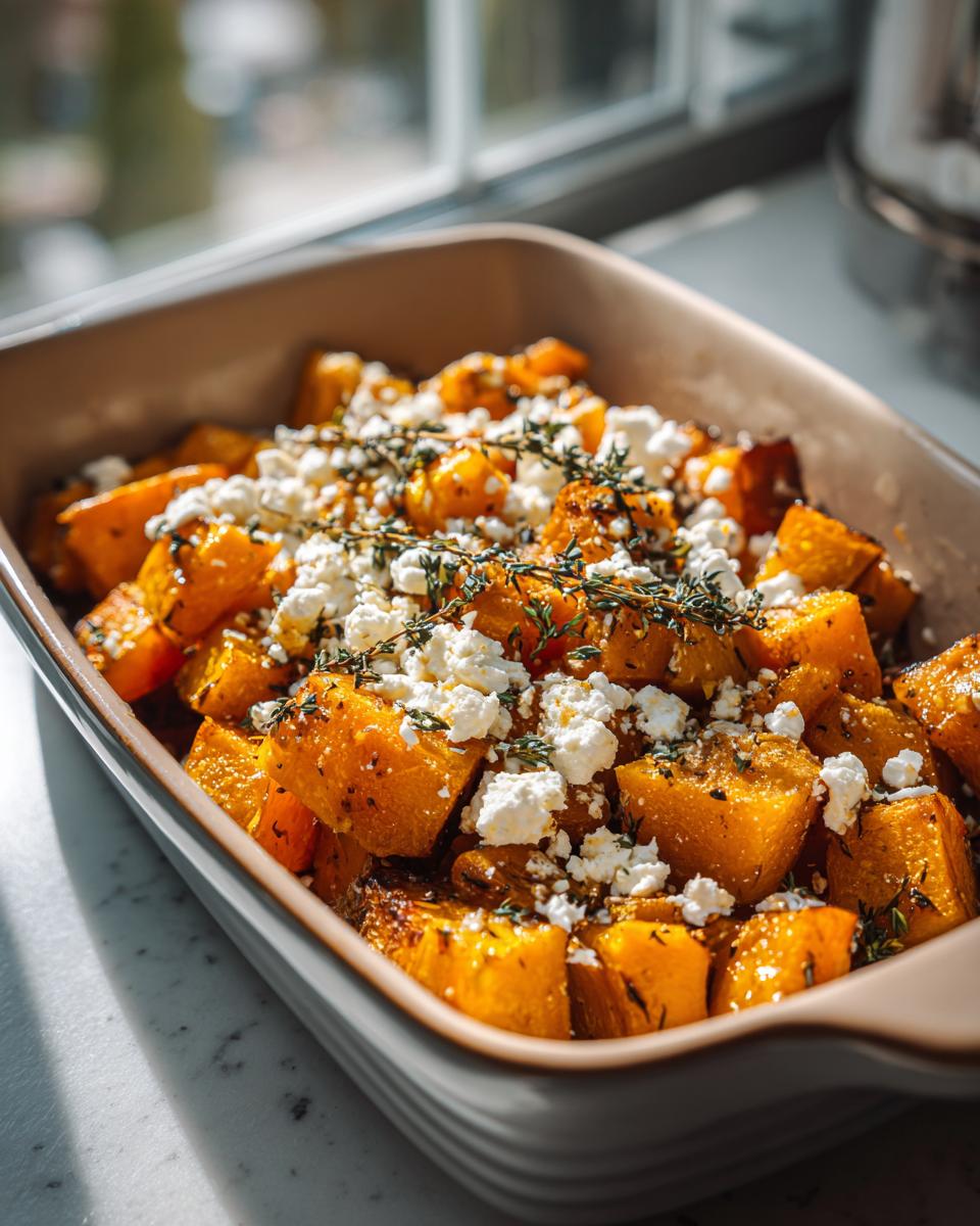 Close-up of Ofenkürbis mit Feta in a baking dish, garnished with thyme. Roasted pumpkin and feta cheese.