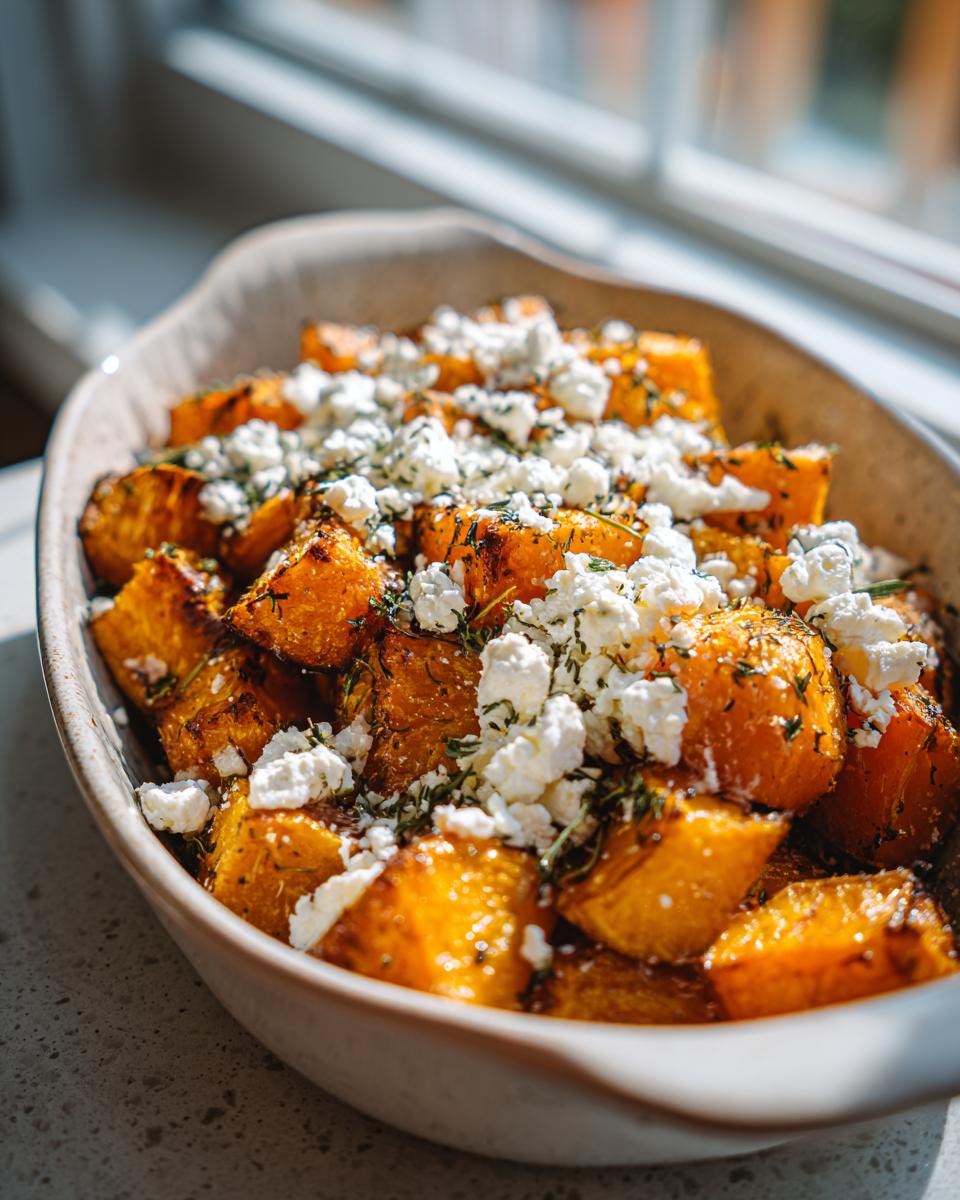 Close-up of Ofenkürbis mit Feta in a serving dish, showing roasted pumpkin and crumbled feta cheese.