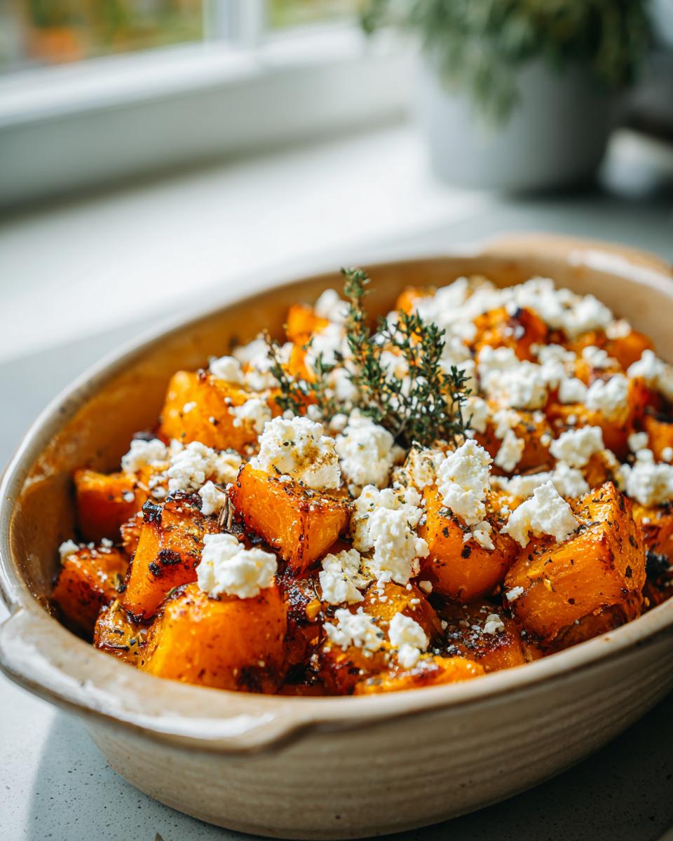 Close-up of Ofenkürbis mit Feta in a baking dish, garnished with fresh thyme.