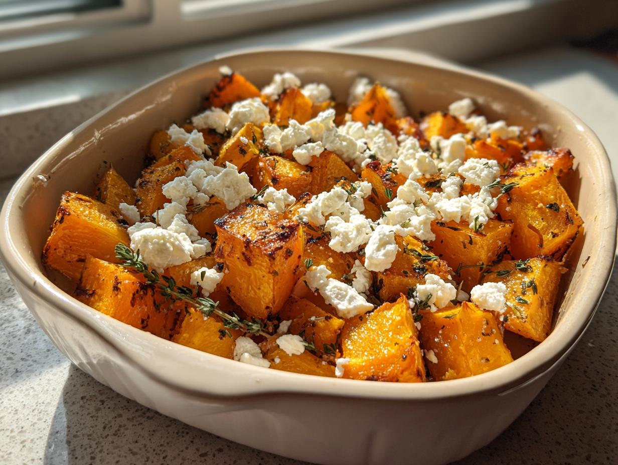 Baked Ofenkürbis mit Feta in a dish, garnished with thyme. A simple and delicious German recipe.