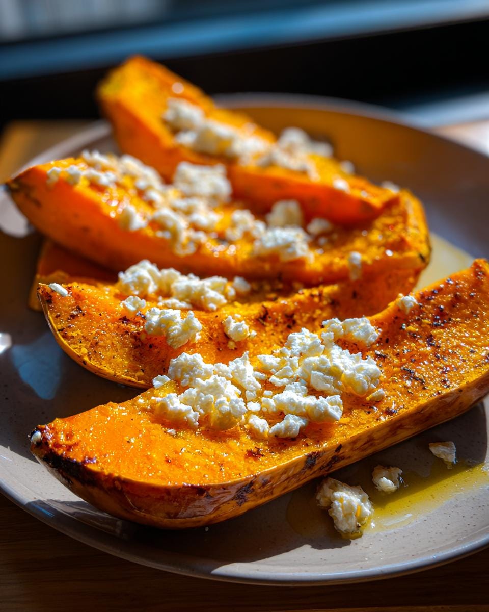 Slices of Ofenkürbis mit Feta, baked Hokkaido pumpkin topped with feta cheese, on a plate.
