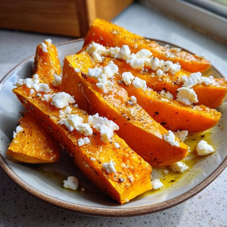 Slices of Ofenkürbis mit Feta, baked Hokkaido pumpkin with feta cheese, drizzled with oil and spices.