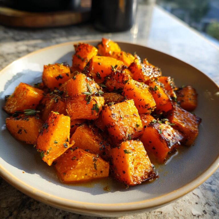Close-up of a plate of golden brown Ofenkürbis (roasted pumpkin) cubes with herbs.
