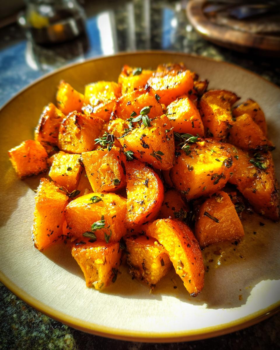 Close-up of roasted Ofenkürbis (pumpkin) cubes seasoned with herbs on a plate.