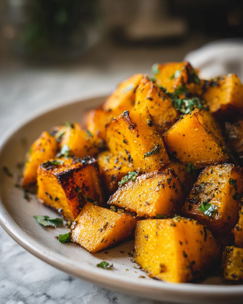 Close-up of roasted Ofenkürbis (pumpkin) cubes seasoned with herbs on a plate.