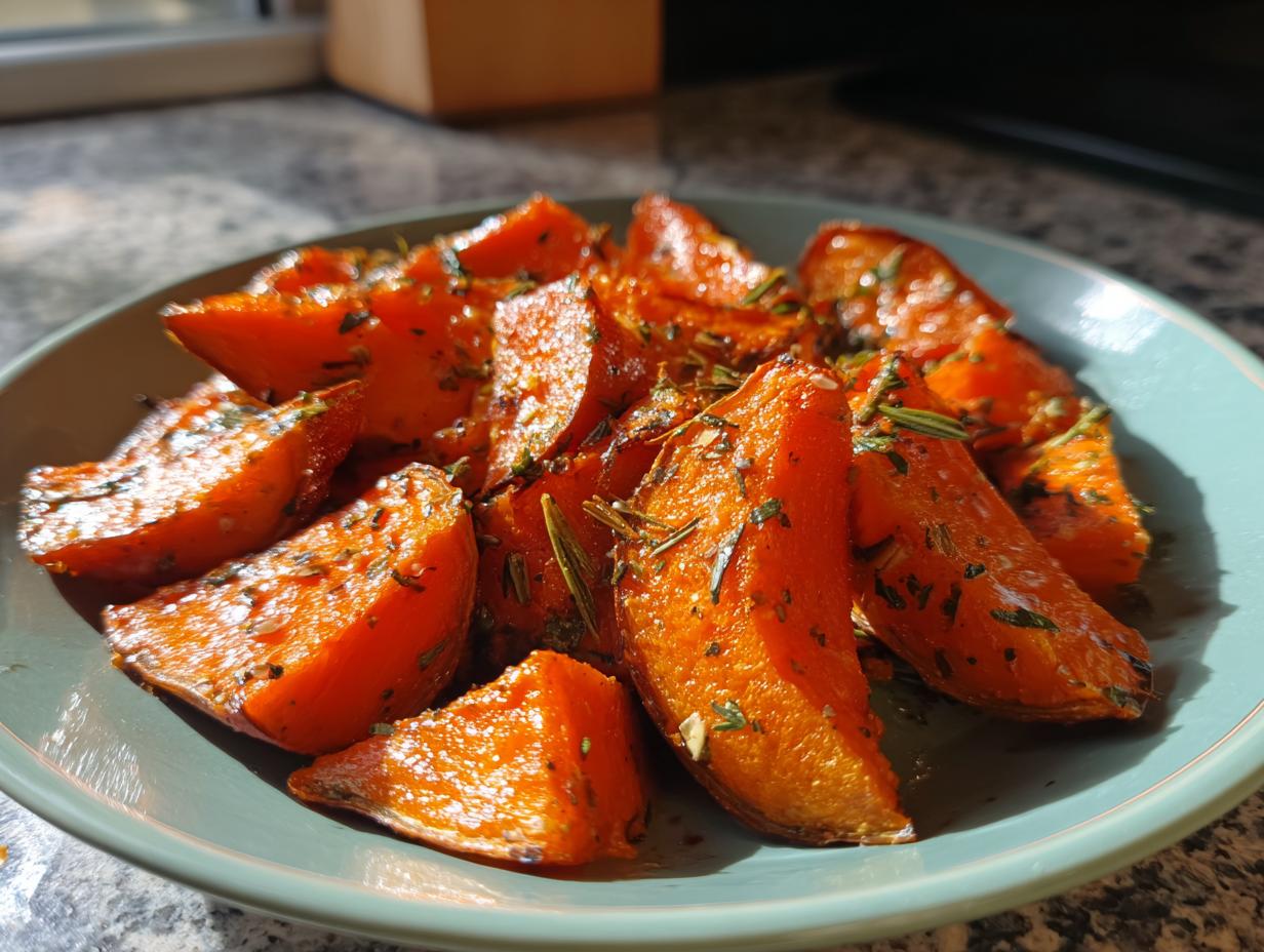 Close-up of roasted Ofenkürbis (pumpkin) wedges on a plate, seasoned with herbs.