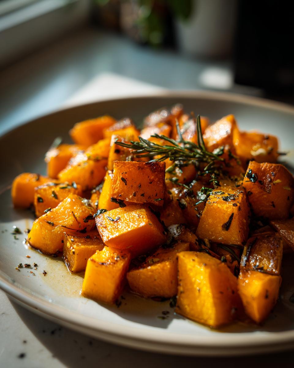 Close-up of roasted Ofenkürbis (pumpkin) cubes on a plate, garnished with rosemary and herbs.