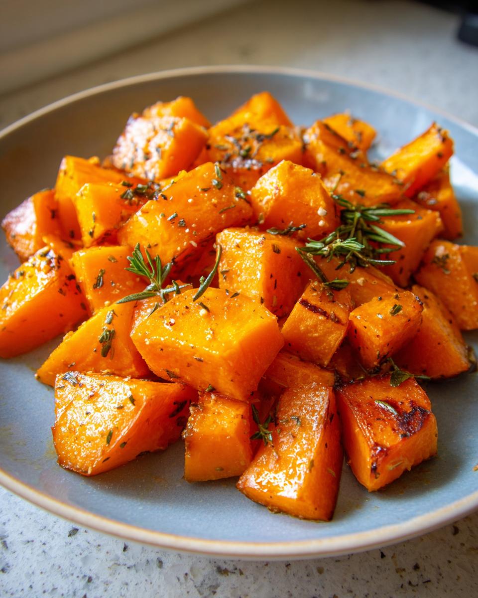 Close-up of roasted Ofenkürbis (pumpkin) cubes seasoned with herbs on a blue plate.