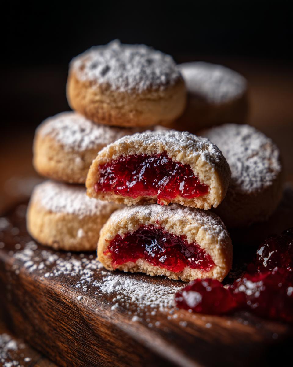 Close-up of Omas Engelsaugen: Plätzchen & Cookies, filled with bright red raspberry jam and dusted with powdered sugar.
