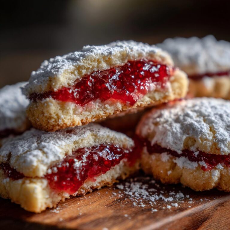 Close-up of Omas Engelsaugen cookies filled with bright red raspberry jam and dusted with powdered sugar.