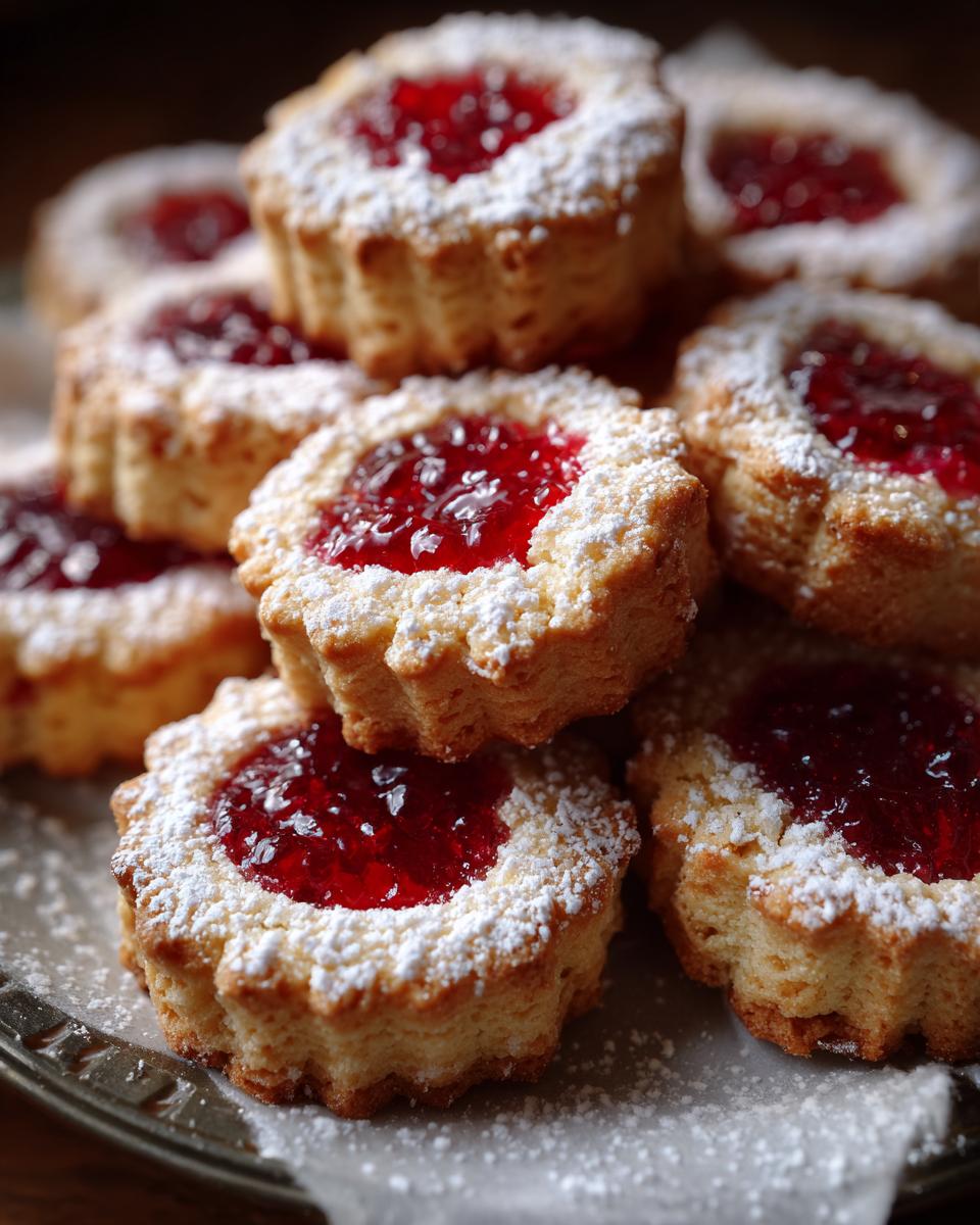 Close-up of Omas Engelsaugen: Plätzchen & Cookies filled with red jam and dusted with powdered sugar.