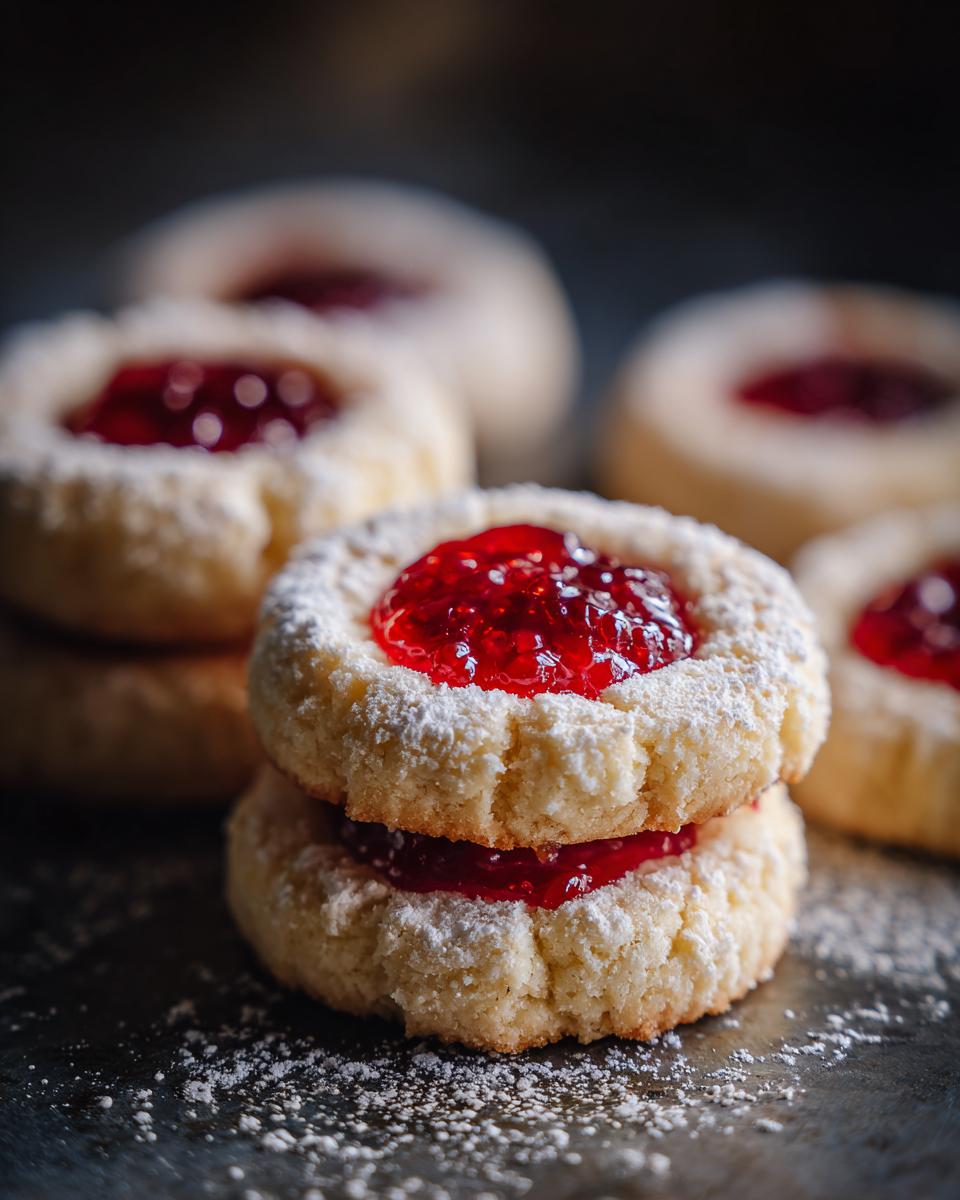 Close-up of Omas Engelsaugen Plätzchen, a German cookie with jam filling and powdered sugar.