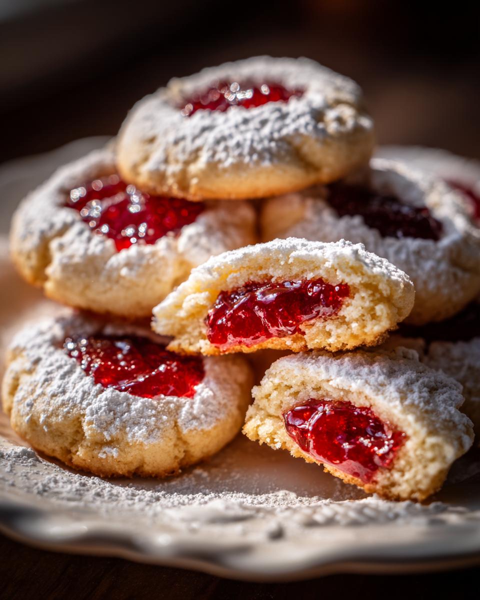 Close-up of Omas Engelsaugen Plätzchen, stacked on a plate and dusted with powdered sugar, filled with red jam.