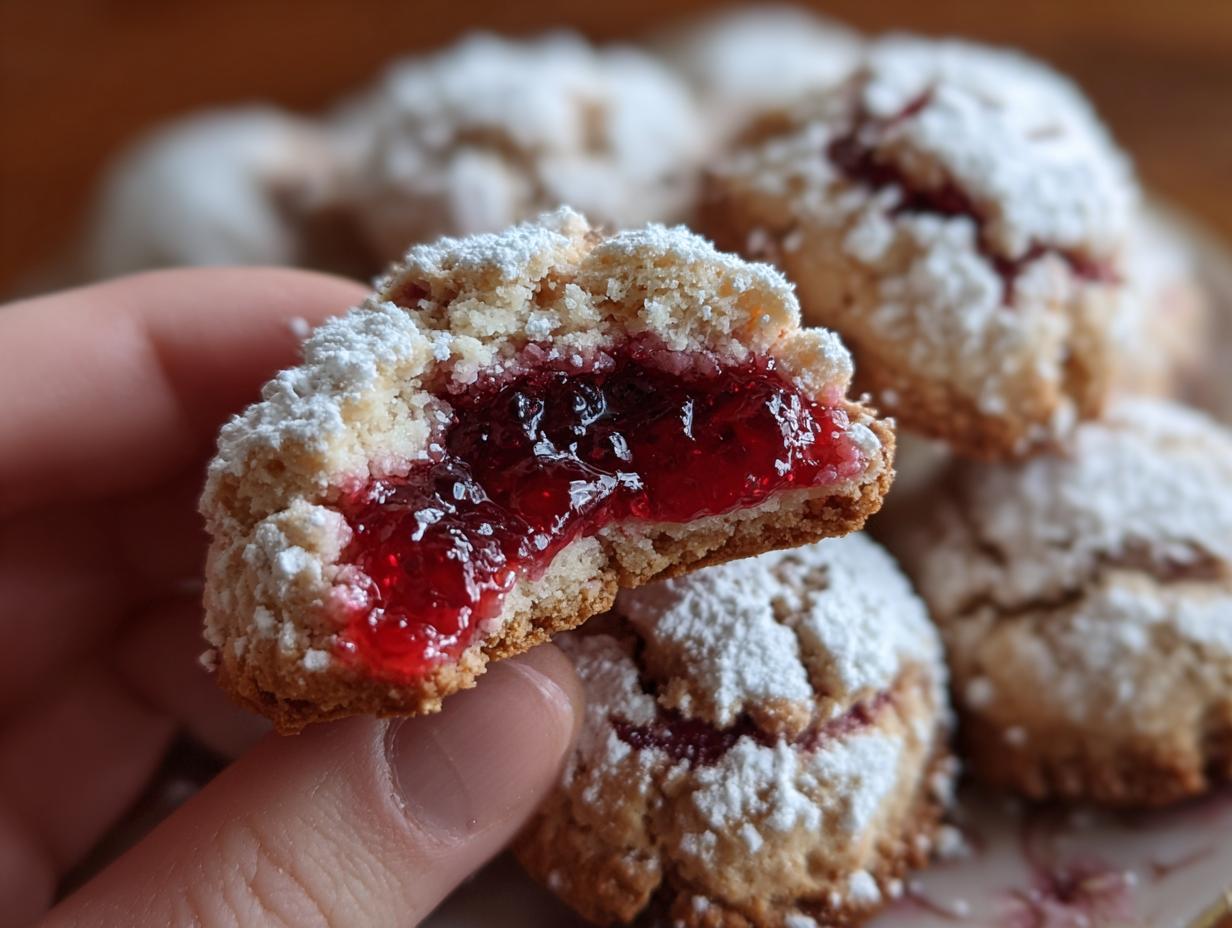 Close-up of a halved Omas Engelsaugen cookie, showing the red jam filling and powdered sugar dusting. Rezept für Engelsaugen.