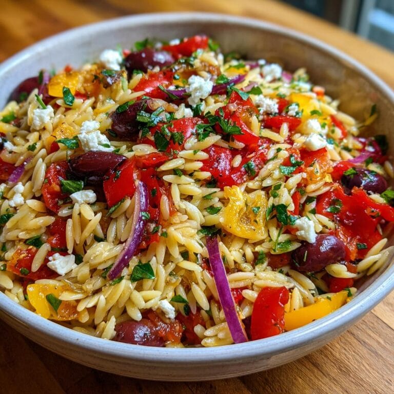 Bowl of Omas Rezept für mediterranen Orzo-Salat with colorful vegetables, feta, and herbs.