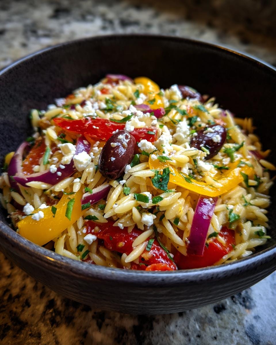Close-up of Omas Rezept für mediterranen Orzo-Salat with peppers, olives, feta, and herbs.