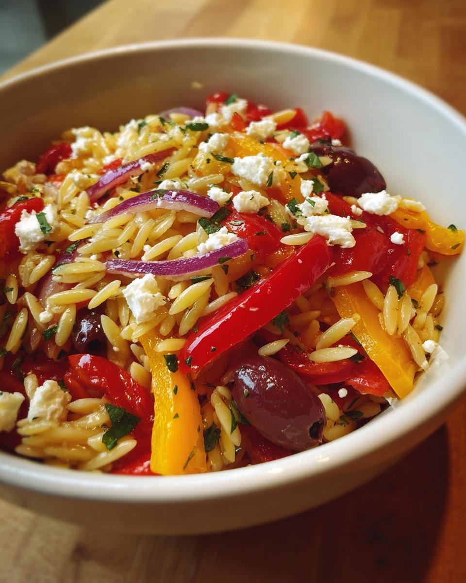 Close-up of Omas Rezept für mediterranen Orzo-Salat with peppers, olives, feta, and red onion.
