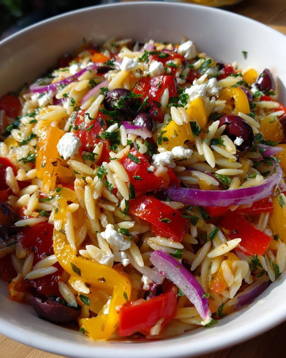 Close-up of Omas Rezept für mediterranen Orzo-Salat with peppers, olives, feta, and red onion.