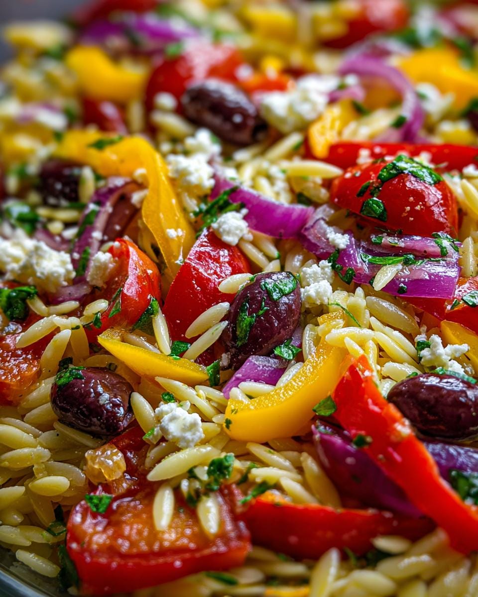 Close-up of Omas Rezept für mediterranen Orzo-Salat with colorful peppers, olives, red onion, feta, and parsley.