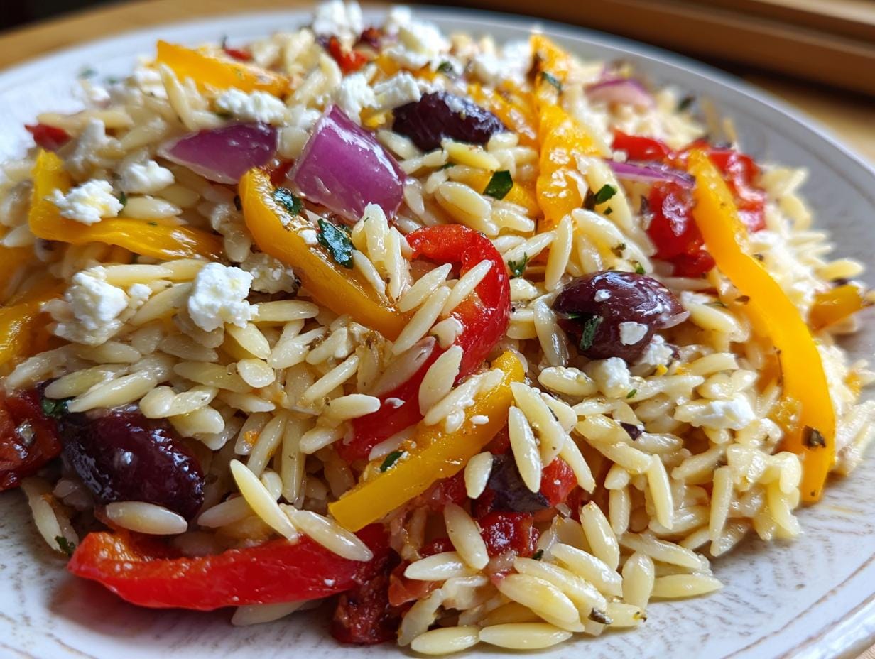 Close-up of Omas Rezept für mediterranen Orzo-Salat with colorful peppers, olives, feta and orzo pasta.