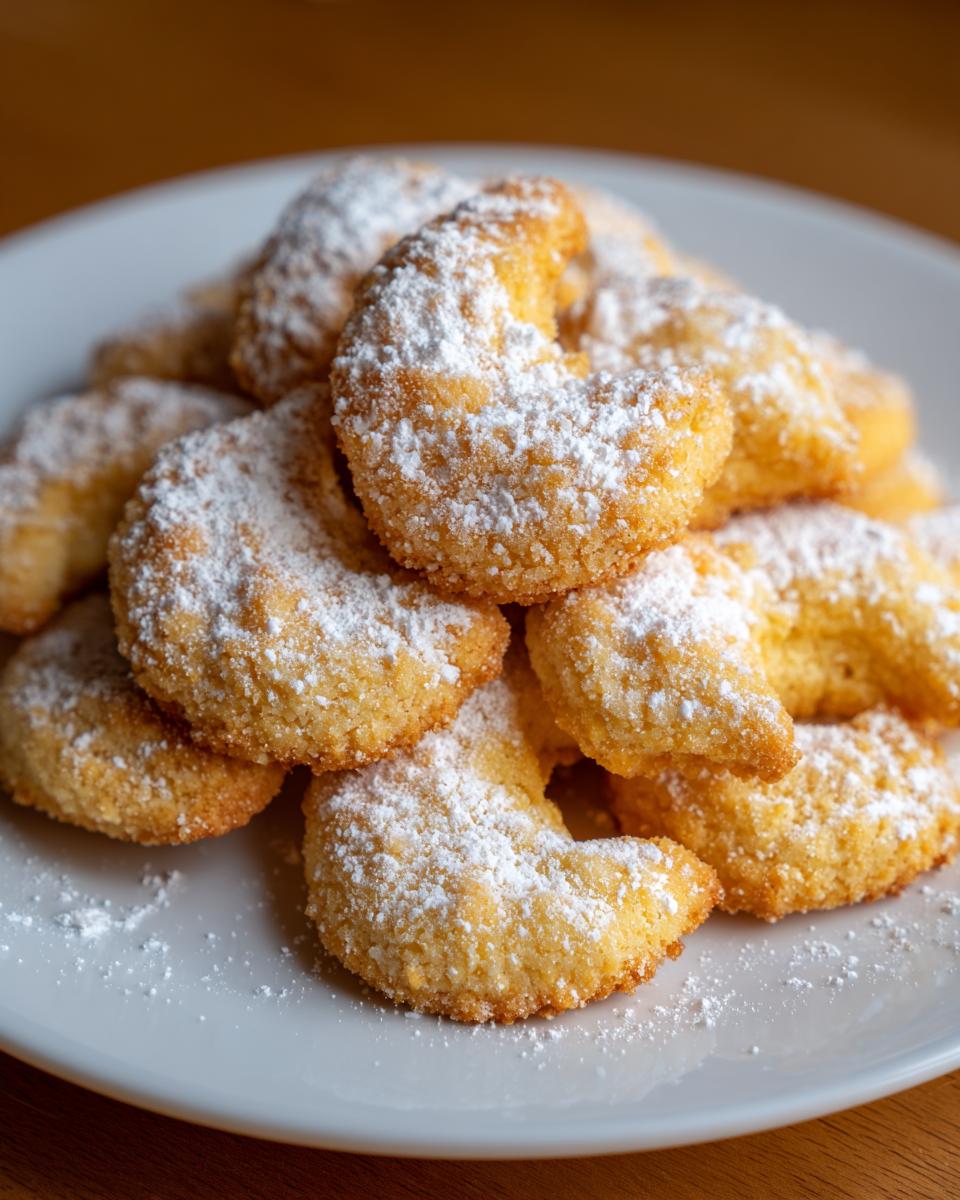 Pile of Omas Vanillekipferl cookies dusted with powdered sugar on a white plate.