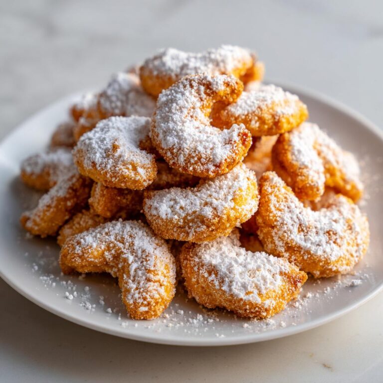 Pile of freshly baked Omas Vanillekipferl cookies dusted with powdered sugar on a white plate.