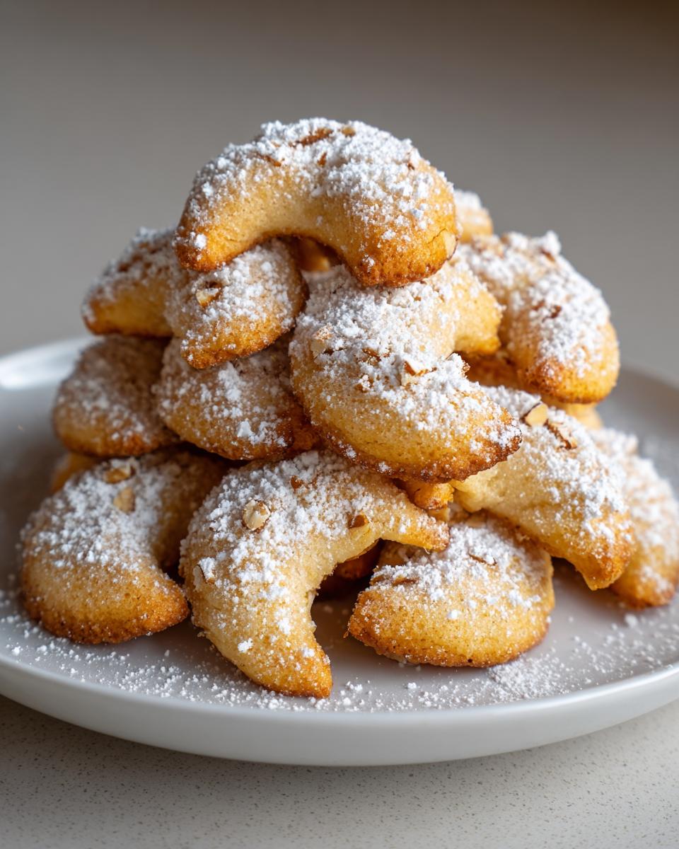 A stack of crescent-shaped Omas Vanillekipferl cookies dusted with powdered sugar on a white plate.