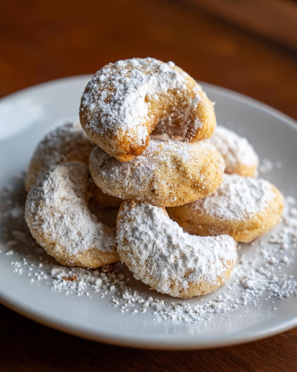 A stack of crescent-shaped Omas Vanillekipferl cookies, heavily dusted with powdered sugar, on a white plate.
