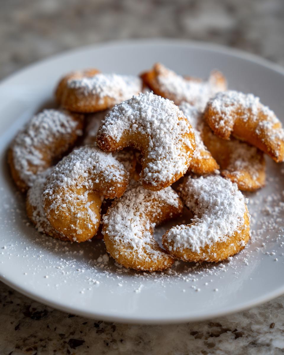 A plate of crescent-shaped Omas Vanillekipferl cookies, heavily dusted with powdered sugar.