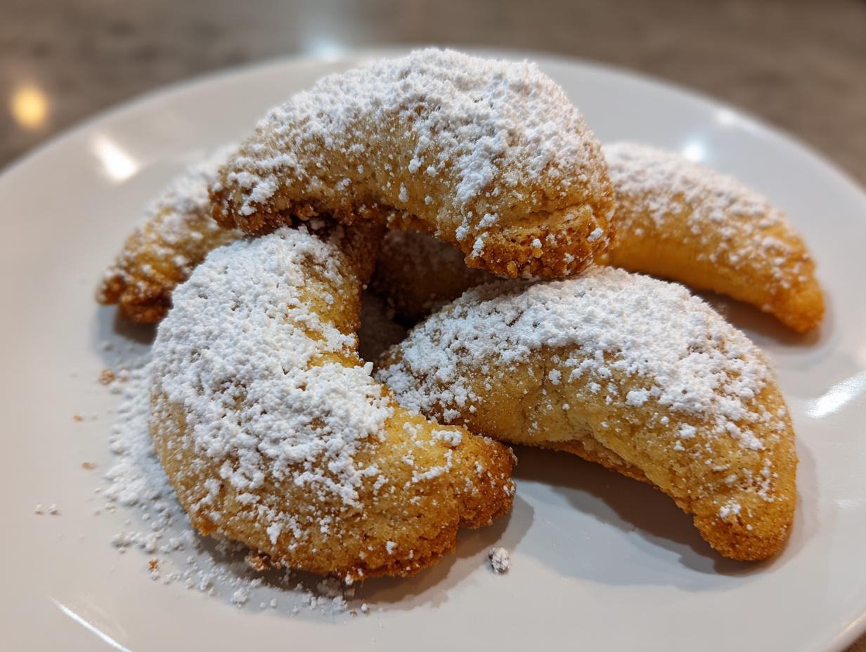 Close-up of Omas Vanillekipferl cookies, crescent-shaped and dusted with powdered sugar on a white plate.