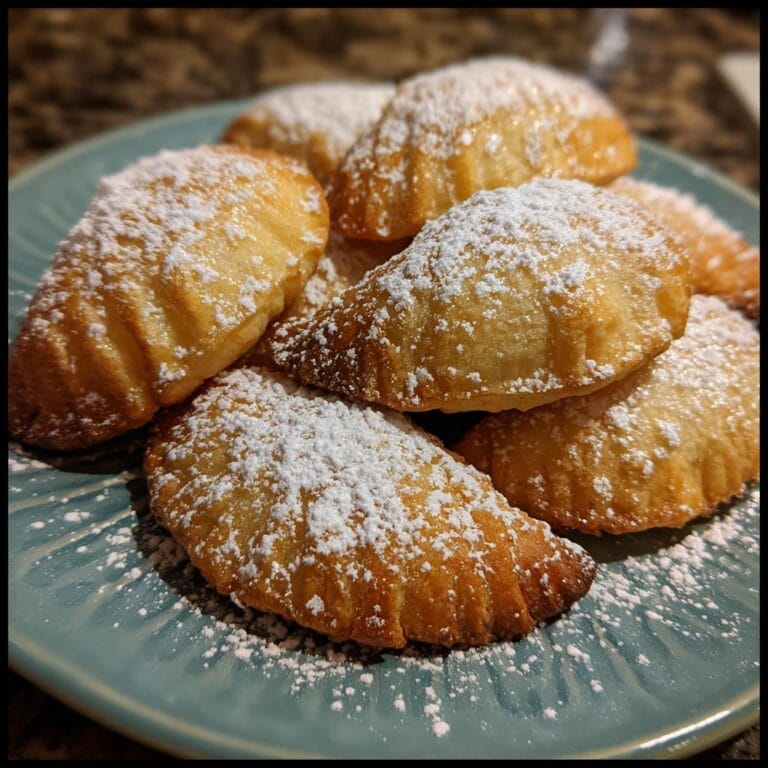 Close-up of Omas Vanillekipferl-Rezept cookies dusted with powdered sugar on a blue plate.