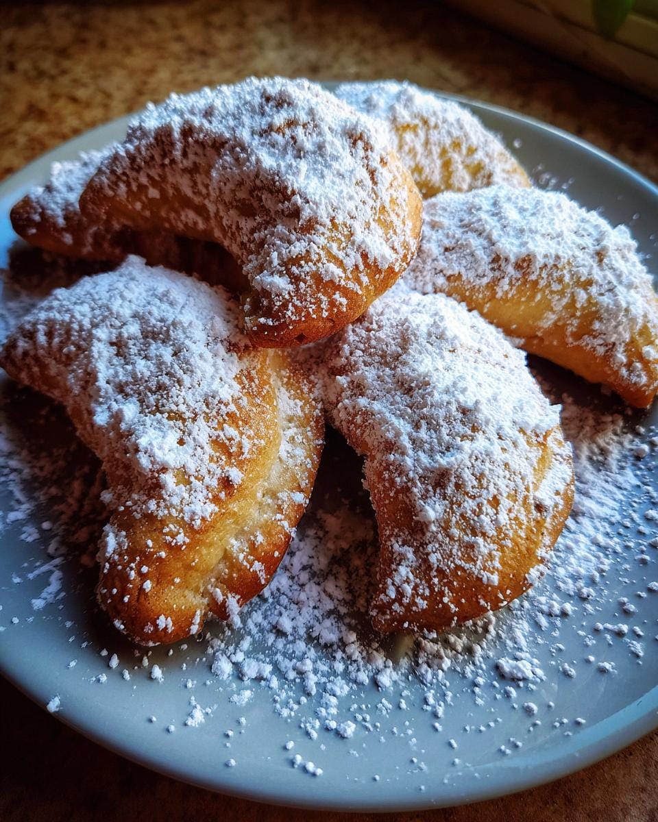 Close-up of Omas Vanillekipferl-Rezept cookies, crescent-shaped and generously dusted with powdered sugar on a plate.