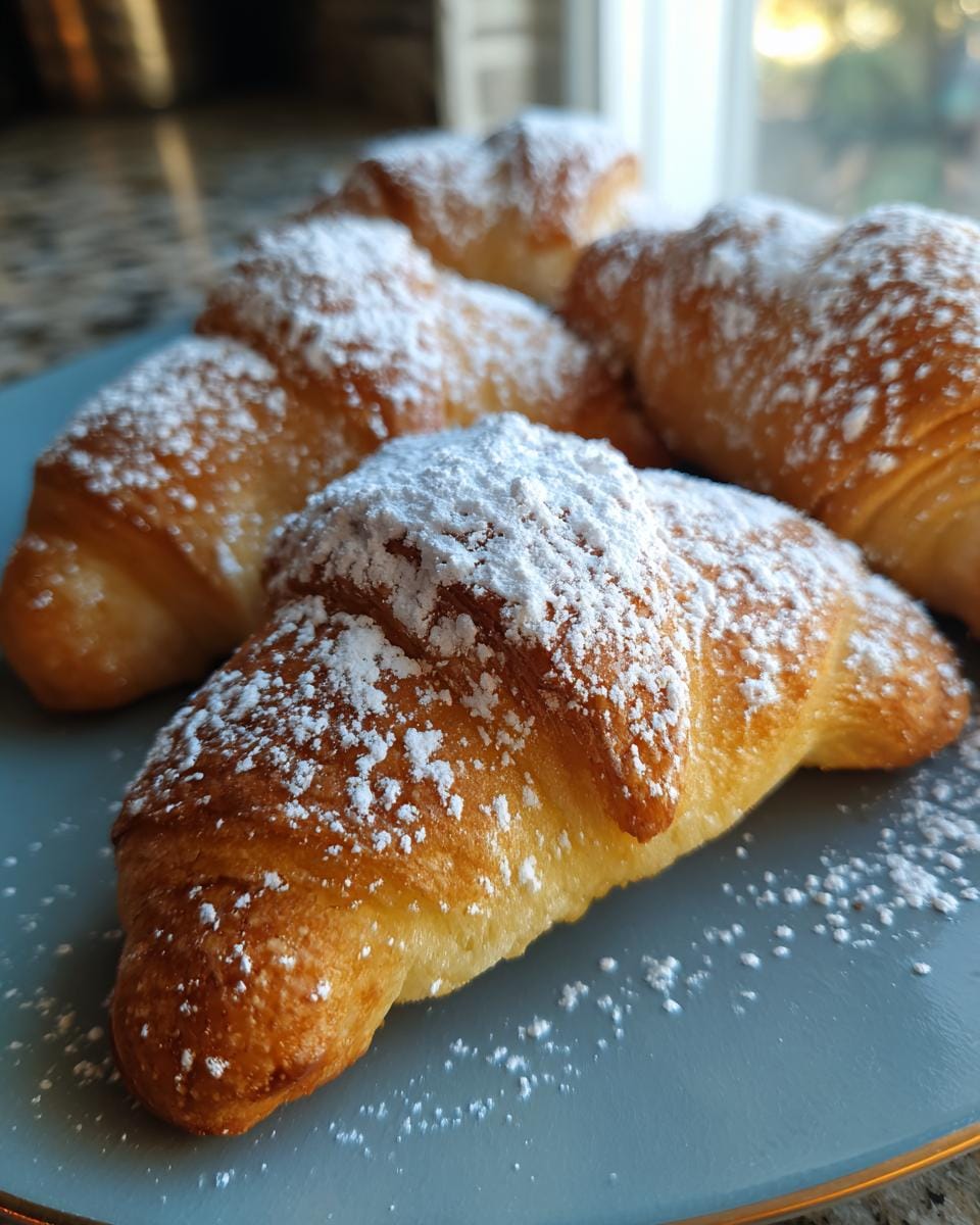 Close-up of Omas Vanillekipferl-Rezept cookies, crescent-shaped and dusted with powdered sugar on a blue plate.