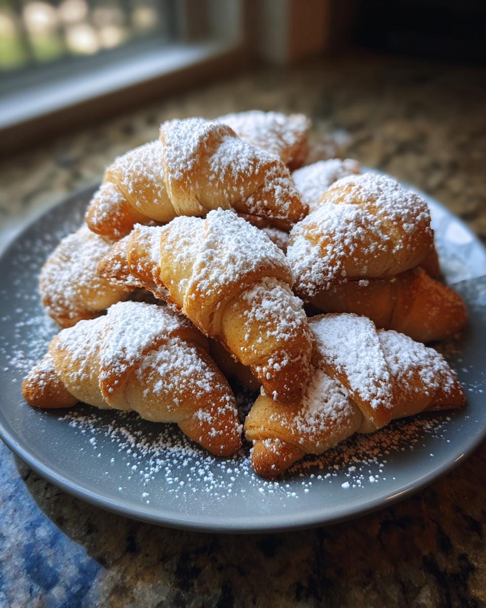 Plate of Omas Vanillekipferl-Rezept cookies, crescent-shaped and dusted with powdered sugar.