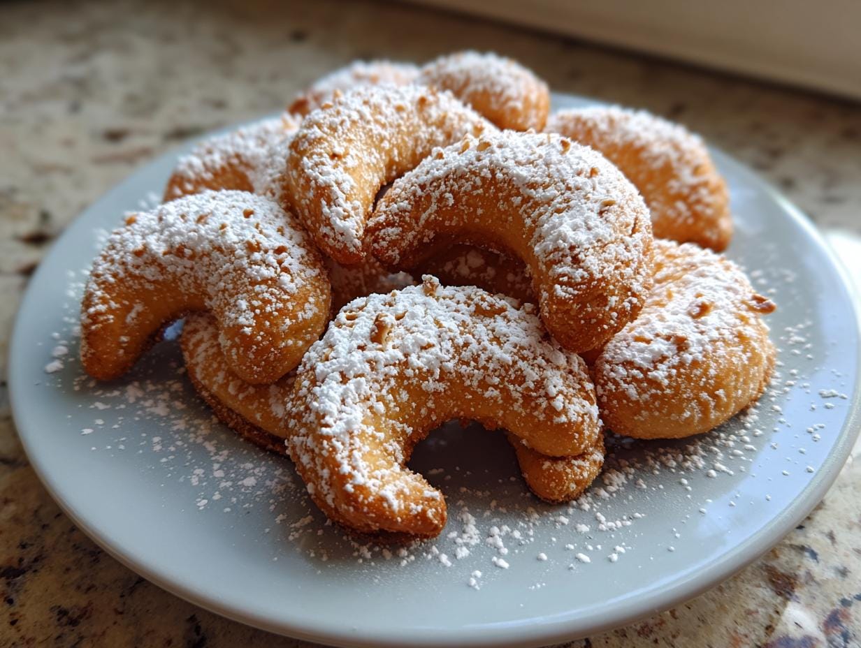 A plate of crescent-shaped Omas Vanillekipferl-Rezept cookies, generously dusted with powdered sugar.