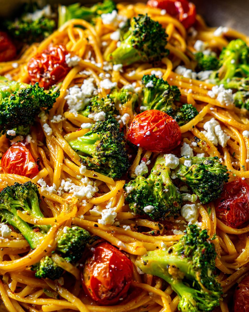 Close-up of Onepan Brokkoli Schupfnudeln mit Hirtenkäse und Tomaten, featuring pasta, broccoli, tomatoes, and feta cheese.