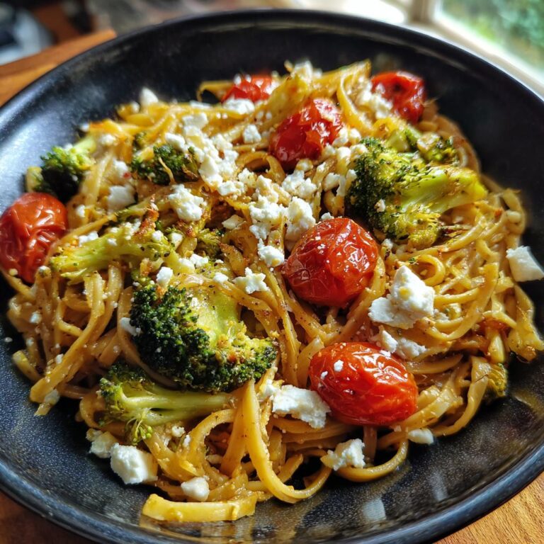 Close-up of Onepan Brokkoli Schupfnudeln mit Hirtenkäse und Tomaten in a dark bowl.