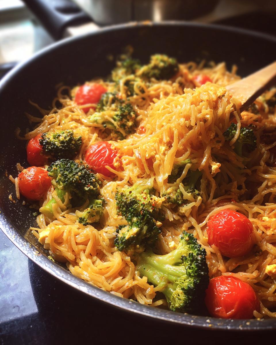 Close-up of Onepan Brokkoli Schupfnudeln mit Hirtenkäse und Tomaten in a pan, showing broccoli, tomatoes, and pasta.